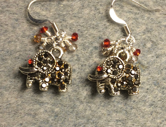 Silver, gray, and red rhinestone elephant charm earrings adorned with tiny dangling silver, gray, and red Chinese crystal beads.