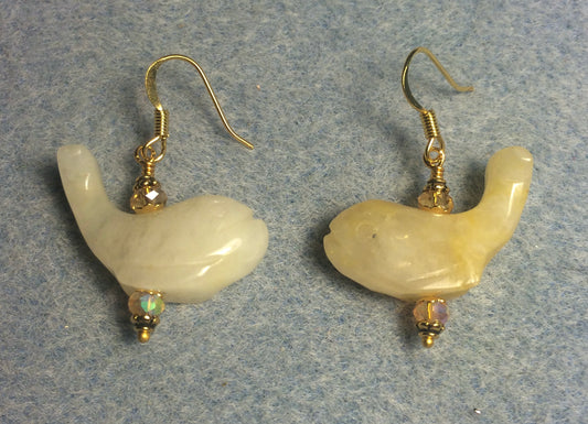 Yellow jadeite gemstone whale bead earrings adorned with amber Chinese crystal beads.