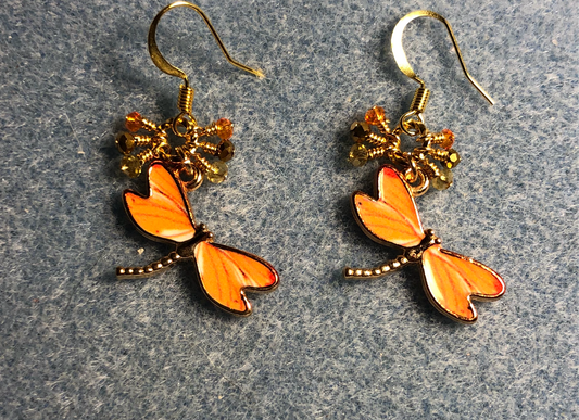 Gold and orange enamel dragonfly charm earrings adorned with tiny dangling emerald orange, gold, and amber Chinese crystal beads.