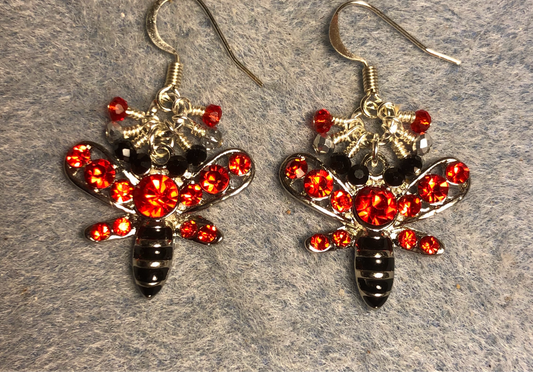 Red, black, and silver rhinestone dragonfly charm earrings adorned with tiny dangling red, black, and silver Chinese crystal beads.