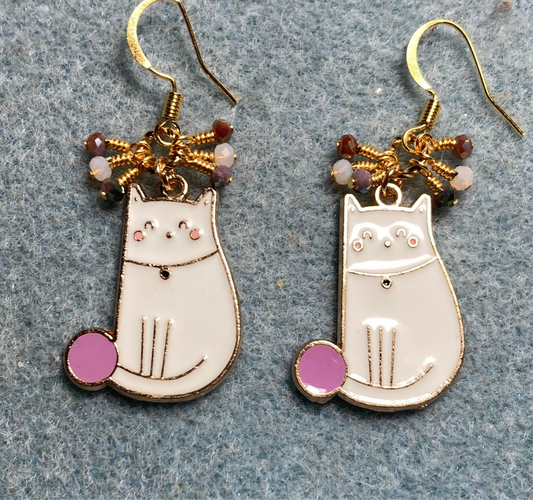 Violet and white enamel cat charm earrings adorned with tiny dangling violet and white Chinese crystal beads.