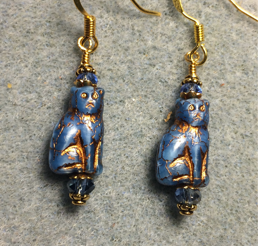 Small bright blue (with gold inlay) Czech glass cat bead earrings adorned with blue Chinese crystal beads.