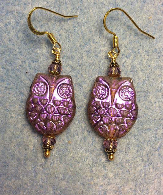 Sparkly purple brown Czech glass owl bead earrings adorned with purple Chinese crystal beads.