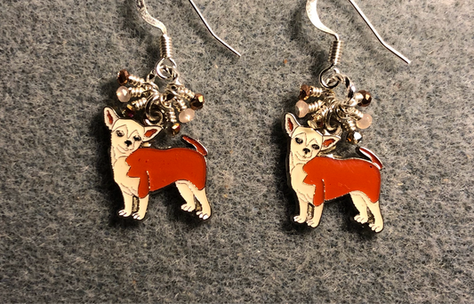 Small brown and off white enamel chihuahua charm earrings adorned with tiny dangling brown and off white Chinese crystal beads.