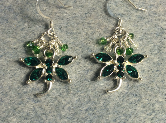 Green and silver rhinestone dragonfly charm earrings adorned with tiny dangling green and clear Chinese crystal beads.