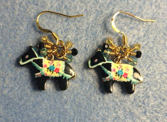 Black and turquoise enamel horse charm earrings adorned with tiny dangling black, turquoise, and yellow Chinese crystal beads.