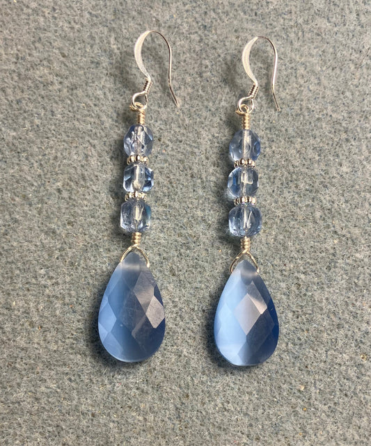 Light blue fiber optic briolette bead earrings adorned with light blue Czech glass beads.