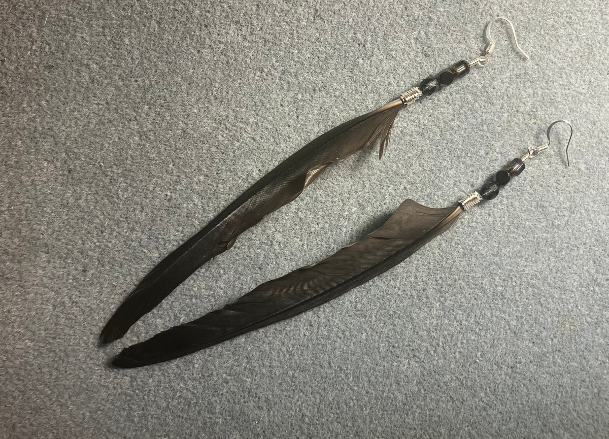 RESERVED FOR BETH: Three pairs of feather earrings: a long gray pair of African gray wing feather earrings, a dark red pair of African gray tail feather earrings, and a dark gray pair of small African gray body feather earrings