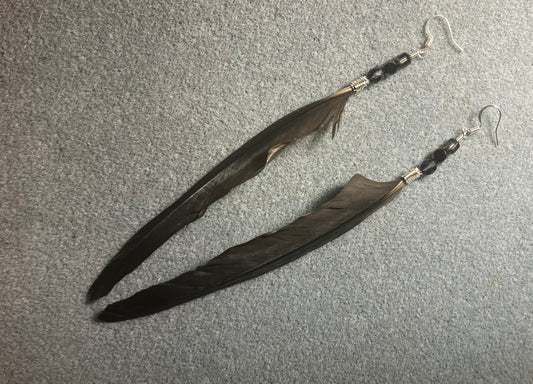 RESERVED FOR BETH: Three pairs of feather earrings: a long gray pair of African gray wing feather earrings, a dark red pair of African gray tail feather earrings, and a dark gray pair of small African gray body feather earrings