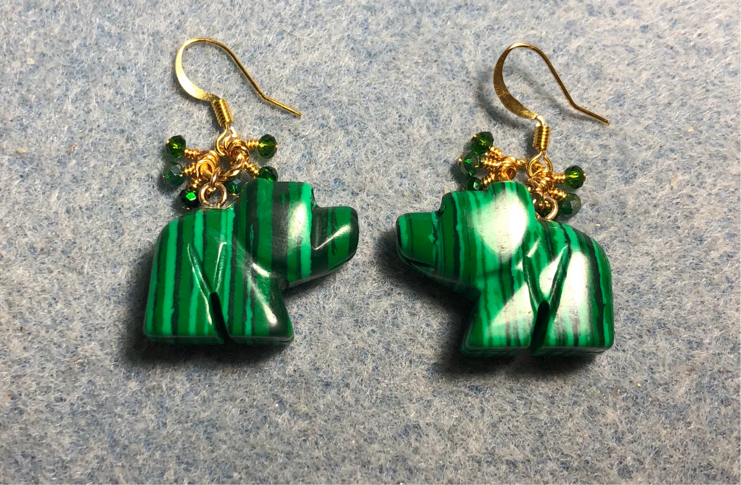 Green malachite gemstone elephant bead earrings adorned with tiny dangling green Chinese crystal beads.