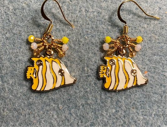 Yellow and white enamel striped angelfish charm earrings adorned with tiny dangling yellow, white, and amber Chinese crystal beads.