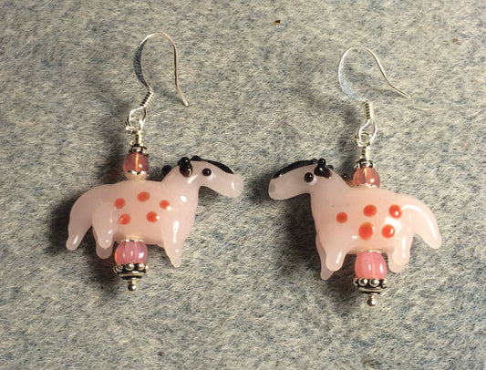 Milky pink and red lamp work spotted horse bead earrings adorned with pink Czech glass beads.