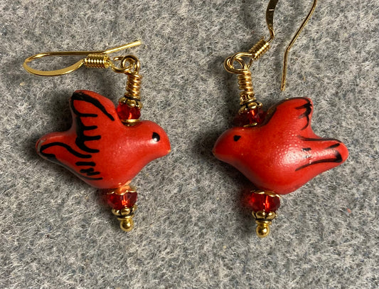 Red ceramic dove bead earrings adorned with red Chinese crystal beads.