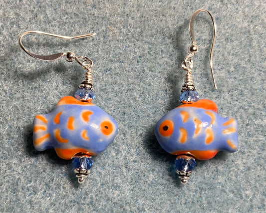 Small blue and coral ceramic fish bead earrings adorned with blue Chinese crystal beads.