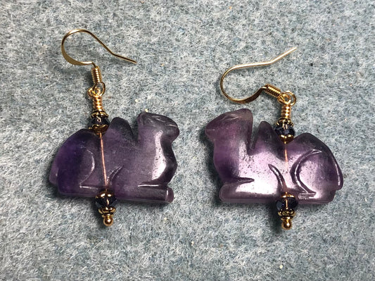 Purple fluorite gemstone camel bead earrings adorned with purple Chinese crystal beads.