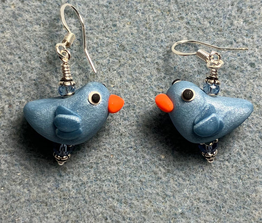 Small light blue polymer clay bird bead earrings adorned with light blue Chinese crystal beads.