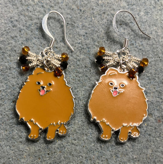 Brown enamel Pomeranian dog charm earrings adorned with tiny dangling brown, amber, and black Chinese crystal beads.