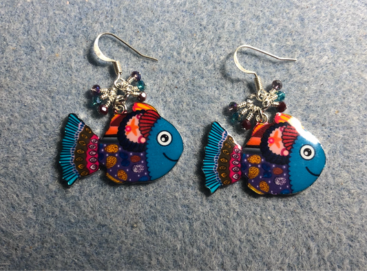 Turquoise, red, and purple enamel fish charm earrings adorned with tiny dangling turquoise, red, and purple Chinese crystal beads.