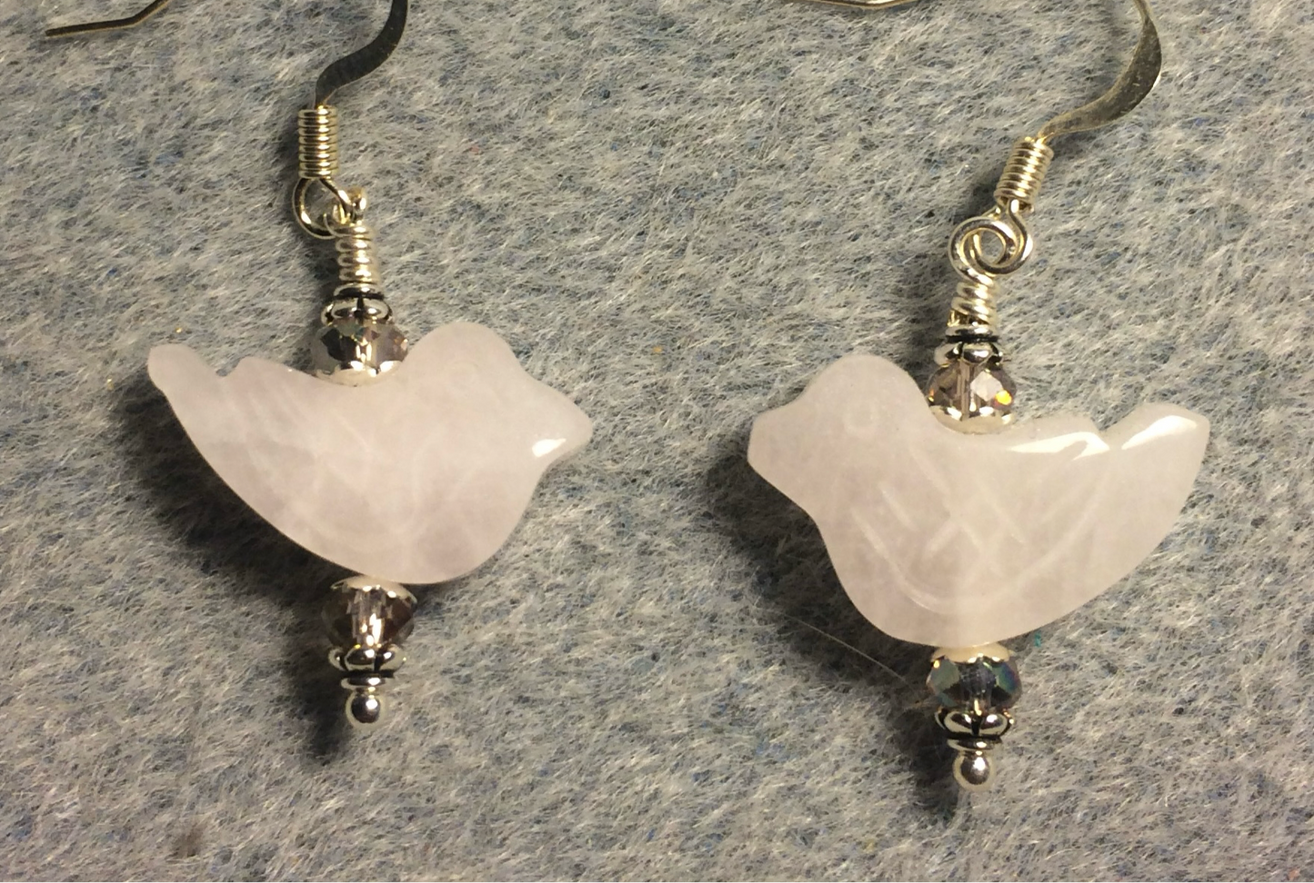 Pink rose quartz gemstone bird bead earrings adorned with pink Chinese crystal beads.
