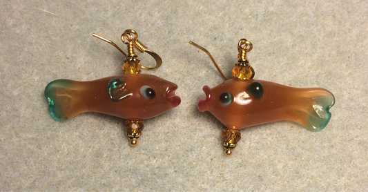 Orange and green lamp work fish bead earrings adorned with tangerine Chinese crystal beads.