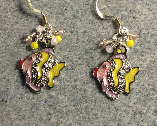 Pink and yellow enamel and rhinestone angelfish charm earrings adorned with tiny dangling pink and yellow Chinese crystal beads.