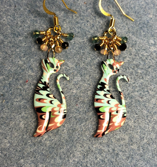 Turquoise, peach, and black enamel cat charm earrings adorned with tiny dangling turquoise, peach, and black Chinese crystal beads.