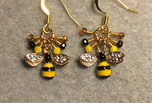 Small black and golden yellow enamel and rhinestone striped honeybee charm earrings adorned with tiny dangling black and yellow Chinese crystal beads.