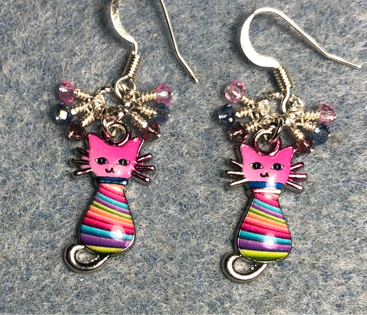 Small pink and multicolored enamel cat charm earrings adorned with tiny dangling pink and blue Chinese crystal beads.