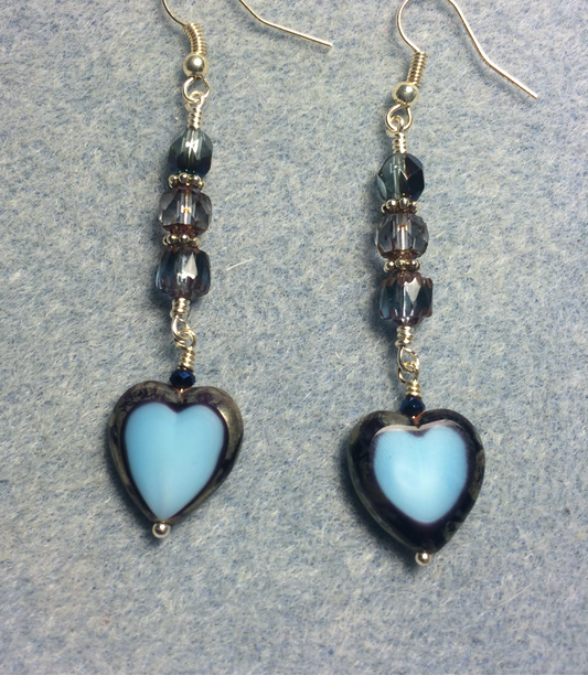 Opaque Montana blue Czech glass heart bead earrings adorned with Montana blue Czech glass beads.