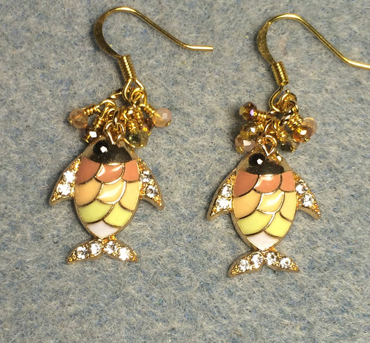 Pink, peach, and green enamel fish charm earrings adorned with tiny dangling pink, peach, and green Chinese crystal beads.