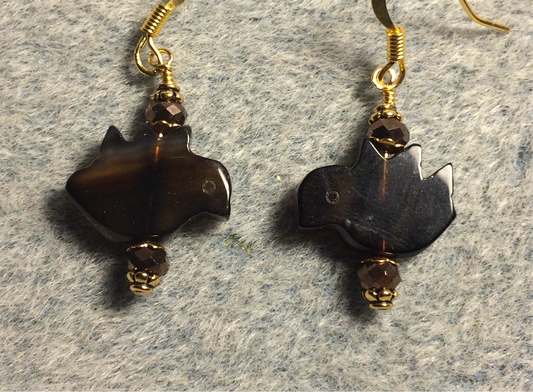 Black agate (dark brown in color) gemstone flying dove bead earrings adorned with brown Chinese crystal beads.
