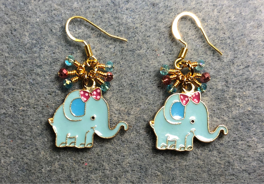 Aqua, turquoise, and pink enamel elephant charm earrings adorned with tiny dangling aqua, turquoise, and pink Chinese crystal beads.