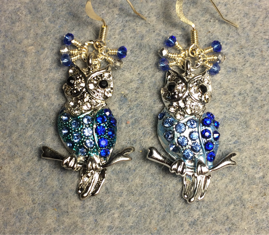 Silver and blue rhinestone owl charm earrings adorned with tiny dangling blue and silver Chinese crystal beads.