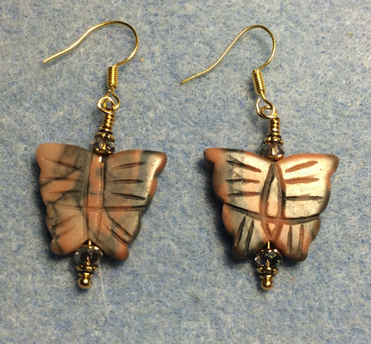 Zebra jasper gemstone butterfly bead earrings adorned with peach green Chinese crystal beads.