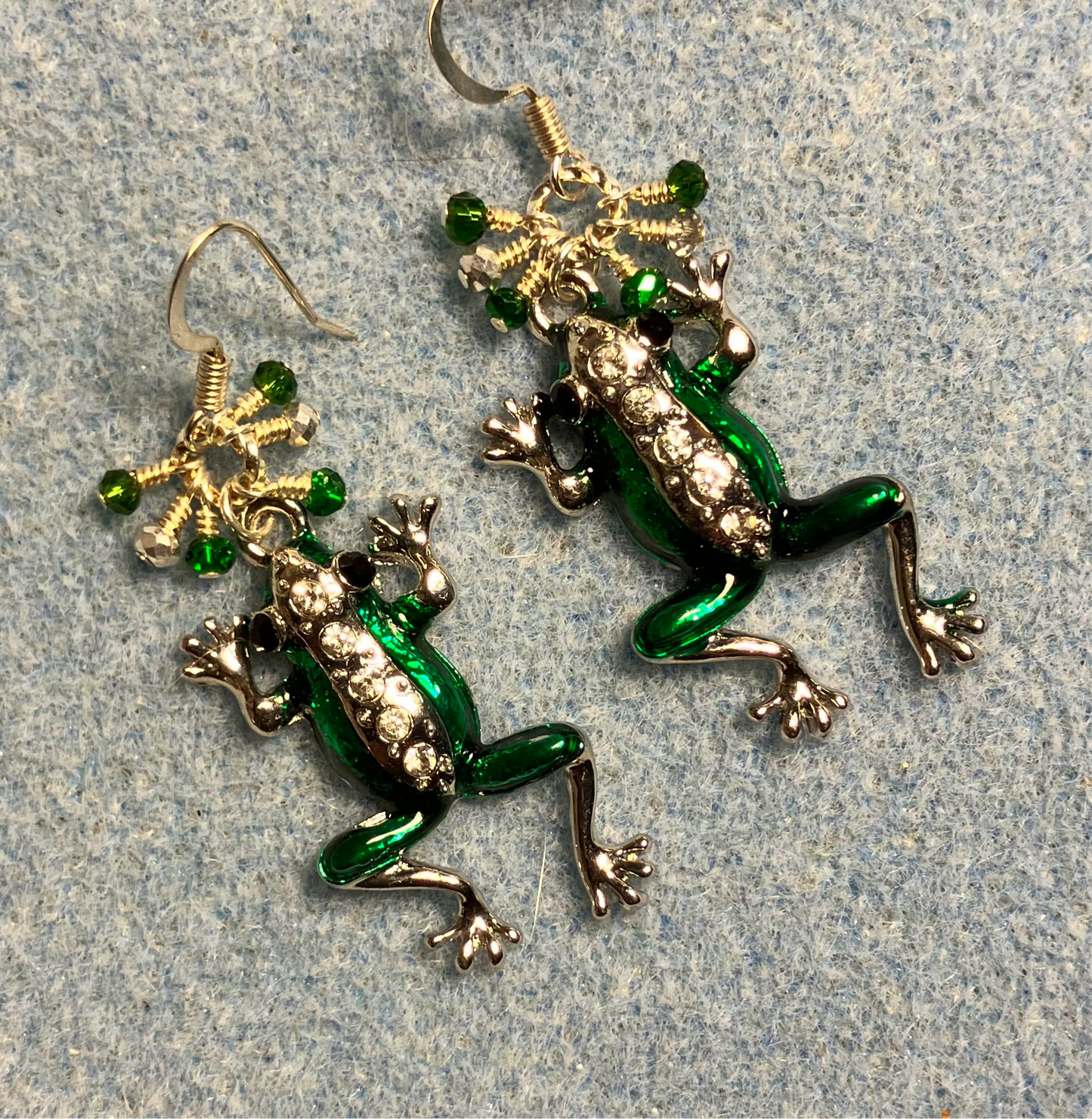 Silver and green enamel and rhinestone frog charm earrings adorned with tiny dangling green and silver Chinese crystal beads.