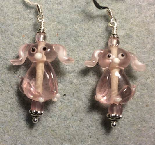 Translucent pink lamp work floppy eared puppy dog bead earrings adorned with pink Czech glass beads.