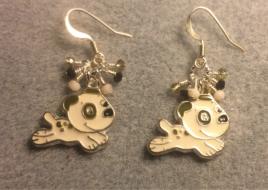 White, black, and olive green enamel silly dog charm earrings adorned with tiny dangling white, black, and olive green Chinese crystal beads.