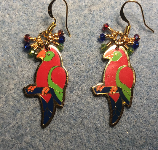 Green, blue, and red enamel parrot charm earrings adorned with tiny dangling green, blue, and red Chinese crystal beads.