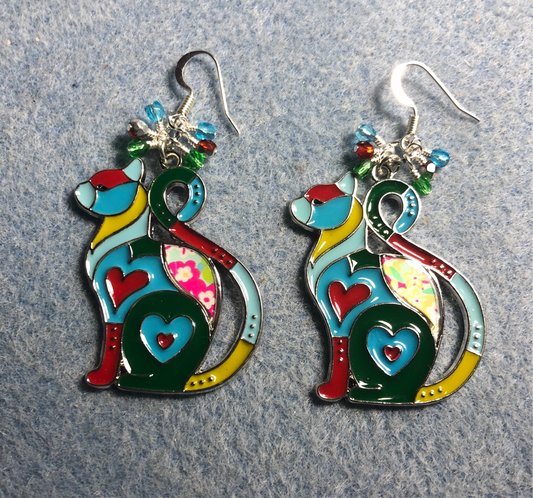 Colorful enamel cat charm earrings adorned with small dangling turquoise, red, and green Chinese crystal beads.