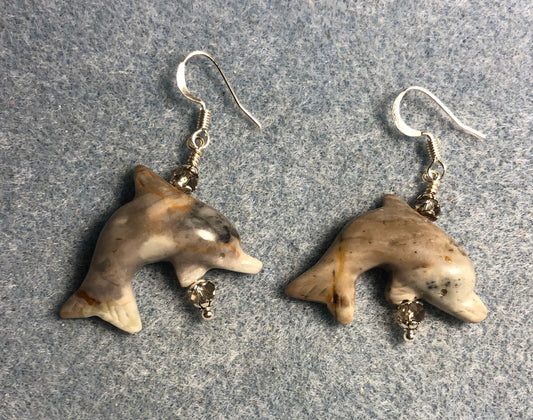 Gray Picasso jasper gemstone dolphin bead earrings adorned with gray Chinese crystal beads.