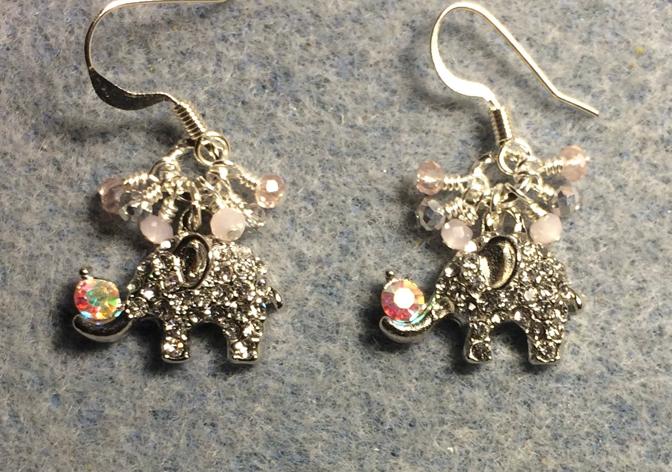 Silver and rhinestone elephant charm earrings adorned with tiny dangling pink, peach, and silver Chinese crystal beads.