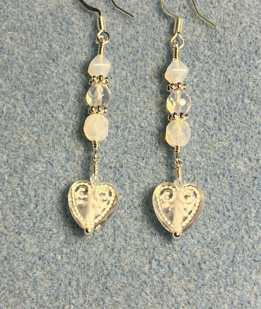 Small etched white and clear Czech glass heart bead earrings adorned with milky white and clear Czech glass beads.
