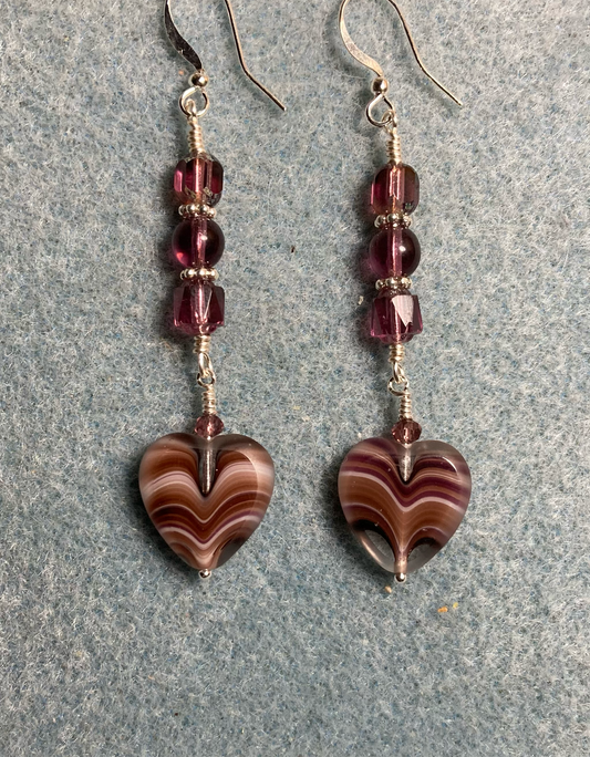 Violet striped Czech glass heart bead earrings adorned with violet Czech glass beads.