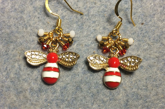 Red and white enamel and rhinestone striped honeybee charm earrings adorned with tiny dangling red, gold, and white Chinese crystal beads.