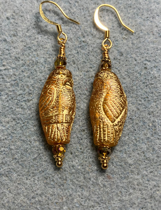 Large amber (with gold wash) Czech glass parrot bead earrings adorned with amber Chinese crystal beads.