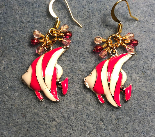 Hot pink and white enamel striped angelfish charm earrings adorned with small dangling hot pink and light pink Czech glass beads.