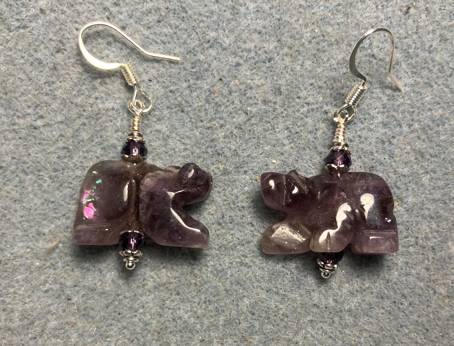 Large amethyst gemstone bear bead earrings adorned with purple Chinese crystal beads.