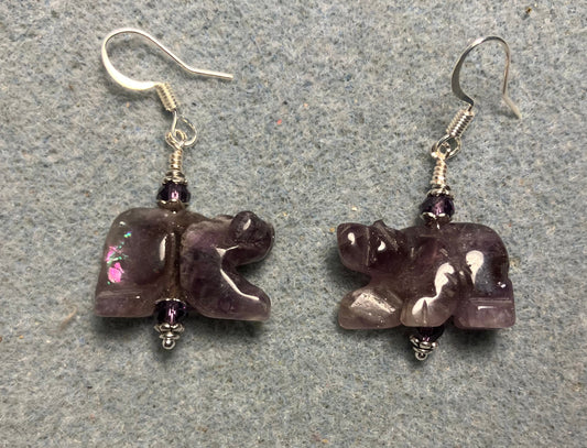 Large amethyst gemstone bear bead earrings adorned with purple Chinese crystal beads.