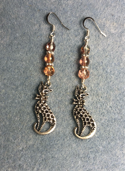 Silver cat charm earrings adorned with rose Czech glass beads
