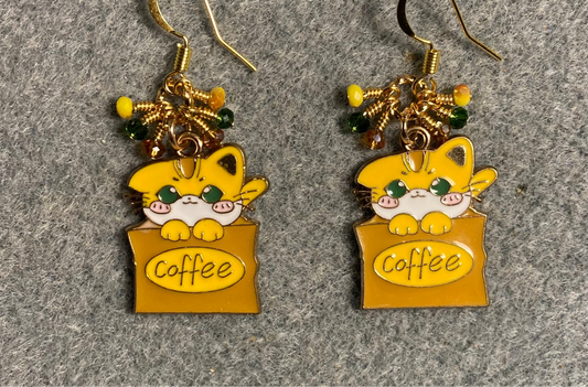 Amber, green, and yellow enamel cat charm earrings adorned with tiny dangling amber, green, and yellow Chinese crystal beads.